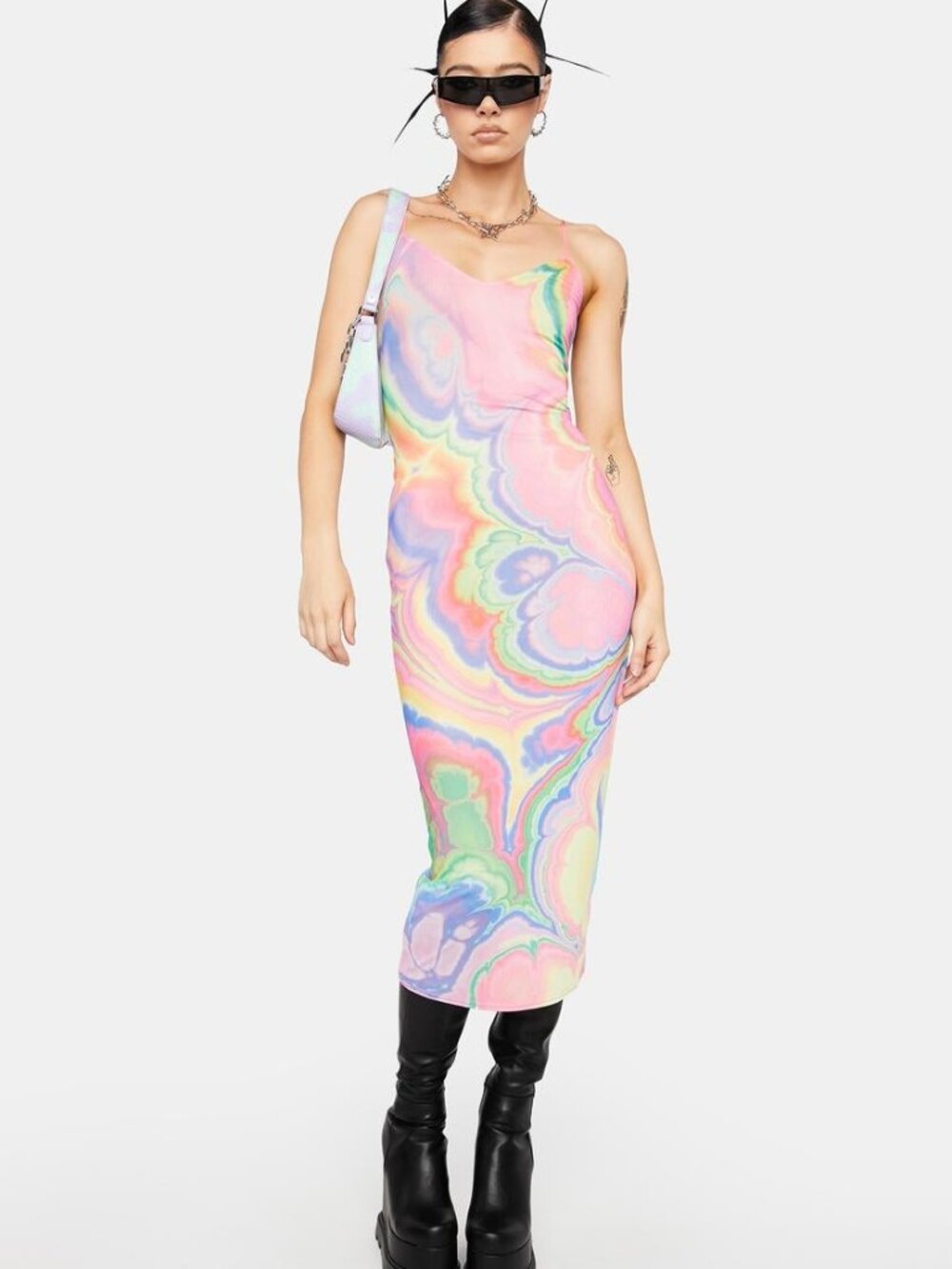 AFRM Revolve Amina Bright Rainbow Mesh Slip Dress Abstract Marble Multi, Size 2X